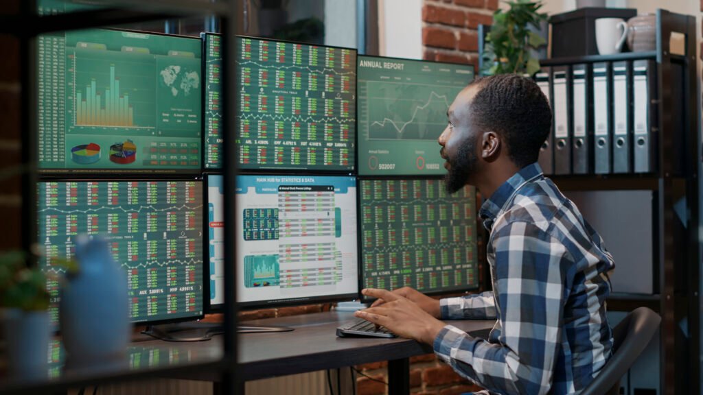 Happy investor celebrating forex exchange achievement